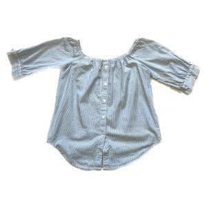 𝅺button up Puff Sleeve Square Neckline Ruched Bust Top | Colour: Blue/White